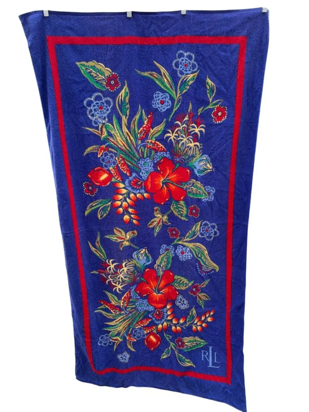 Vintage 90s Ralph Lauren Beach Towel Blue Red Hibiscus Floral RLL Logo Cotton La